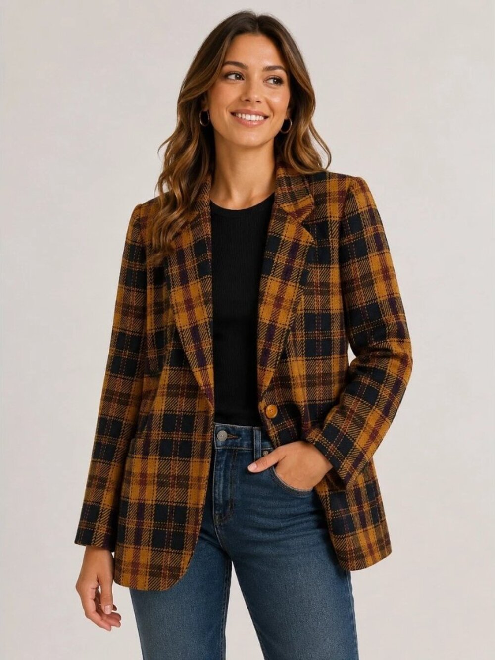 Vintage Jones New York Wool Blend Plaid Blazer Autumn Colors Size 14
